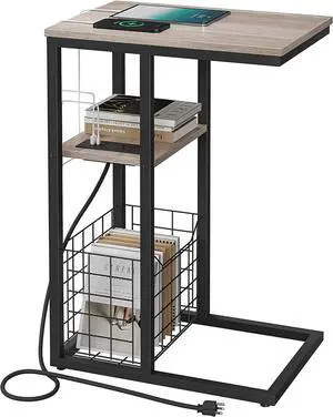 Vagusicc C Shaped End Table with Charging Station, Side Table for Couch, Small Side End Table for Small Spaces, 28" High Slide Under Sofa Table for Coffee, Tv Tray Table for Living Room, Greige