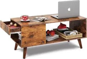 WLIVE Coffee Table, 39.4" Wood Coffee Table with Sliding Top up to 50" TV, Modern Center Table with Open Storage Shelf for Living Room, Bedroom, Rustic Brown
