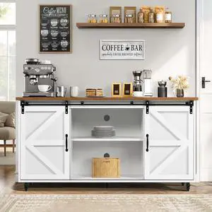 4ever2buy Farmhouse Coffee Bar Cabinet with Storage, 58'' Sideboard Buffet Cabinet with Sliding Barn Door, White Coffee Bar with Gourd Feet, Farmhouse Cabinet for Living Room