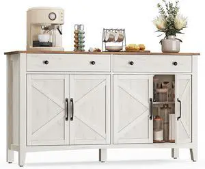 VASAGLE LIRY Collection - Buffet Cabinet, Coffee Bar Cabinet with 2 Drawers, Adjustable Shelves, Sideboard Storage with Cable Holes, Drawer Dividers, Rustic White and Honey Brown UBBK381W01
