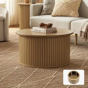 mopio Quin Tambour Round Circle Coffee Table with Storage, Drum Accent, Mid Century Modern, Wood, Fluted Center, Tea Table with Removable Lid, Living Room (Light Oak)