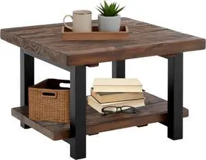Pomona 27-Inch Rustic Square Coffee Table  Solid Pine Wood with Natural Weathered Finish and Industrial Metal Legs  Small Space Living Room Accent by Alaterre Furniture
