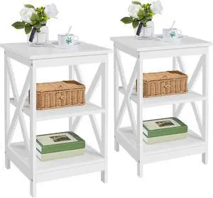 Yaheetech End Tables Set of 2, 3-Tier Side Tables with Storage for Living Room, Sturdy X Design Wooden Large Sofa Side Table Storage Cabinet with Shelves, 16x16x24(LxWxH), White