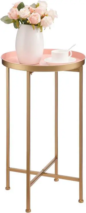 HollyHOME Small Round Metal End Table, Accent Indoor&Outdoor Coffee Side Table, Snack Sofa Table for Living Room, Anti-Rust Decorative Plant Stand, (D) 14.5" x(H) 25", Gold&Pink