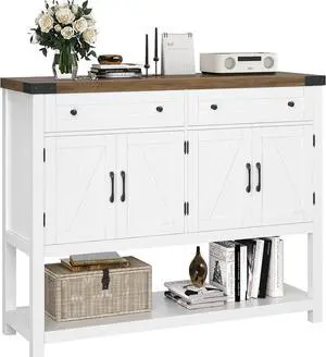 HOSTACK Buffet Sideboard Cabinet with Storage, 47.2" Modern Farmhouse Coffee Bar with 2 Drawers, Barn Doors Console Table with Shelf for Kitchen, Dining Room, Living Room, Entryway (White)