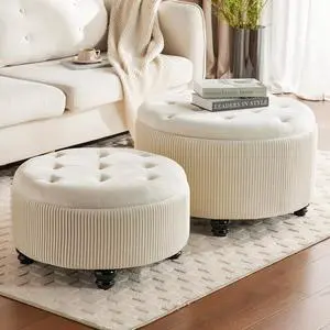 29&24.5inch Large Round Storage Ottoman Coffee Table Set of 2 Modern Button Storage Coffee Table with Removable Lid for Living Room Upholstered Footrest Stool for Bedroom (Large-White)