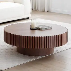 Round Coffee Table for Living Room, Accent Fluted Drum Coffee Table with Storage, Modern Solid Wood Circle Center Tea Table for Small Space Apartment (31.5''D×14''H-Walnut)