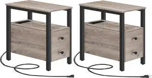 HOOBRO Set of 2 End Tables with Charging Station, Narrow Side Table with Drawers & USB Port & Power Outlets, Nightstand for Small Spaces, Living Room, Stable, Greige and Black BG541BZP201