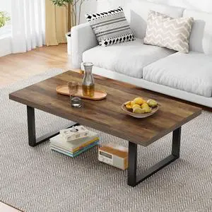 IBF Farmhouse Coffee Table, Modern Coffee Table for Living Room, Simple Industrial Rectangle Center Table, Wood Metal Tea Table for Home Bedroom Office, Rustic Oak, 47 in