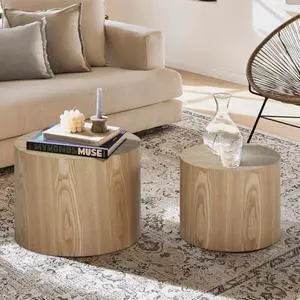 Nesting Coffee Table Set of 2, Wood Round Coffee Table, Modern Coffee Table for Small Space Living Room, Wood Color