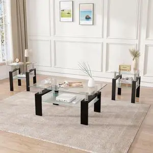 3 Piece Living Room Table Set, Glass Coffee Table Set of 3, Coffee Table Set with Tempered Glass & Metal Legs for Livingroom Table, Bedroom Nightstand. (Style 1, Clear Glass+Black Leg)