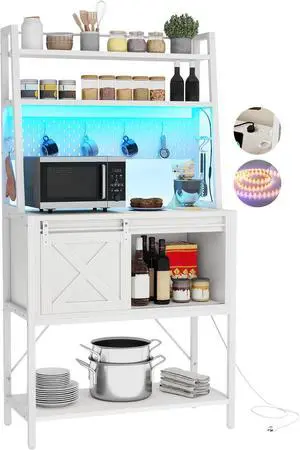 DWVO Bakers Rack with Power Outlet and LED Light, Microwave Stand Cabinet with Sliding Storage Drawer Barn Door, Farmhouse Kitchen Tall Coffee Bar Table with 4-Tiers Shelf and 8 Hooks (White)