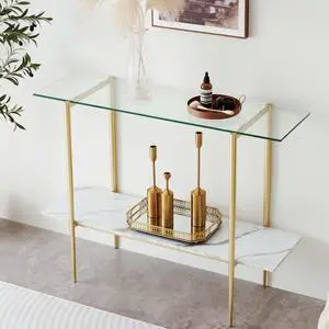 Glass Console Table for Living Room, Foyer & Entrance, 2-Tiers Mid-Century Modern Sofa Table with Clear Glass Top, White Marble Finish Wood Shelf and Gold Finish Frame