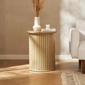 mopio Quin Pedestal Side Table, Tambour Round Fluted End Table, Small Accent Tables for Living Room, Mid Century Modern Night Stand, Circle Bedside Tables, Wood Nightstands for Bedroom (Light Oak)