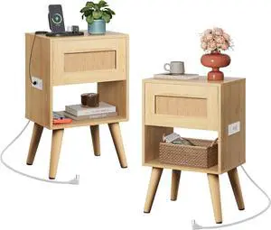 WLIVE Rattan Nightstands Set of 2 with Charging Station, Boho Nightstand, Wood Side Table, Small End Table with Drawers for Bedroom, Natural Oak