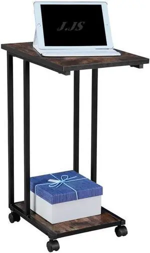 JJS Side End C Table for Sofa, Living Room Couch Table Snack Table That Slide Under for Small Spaces, Rustic Brown