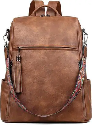 FADEON Leather Laptop Backpack for Women Designer 15.6 inch PU Laptop Bag, Ladies Travel Computer Work Backpack Brown