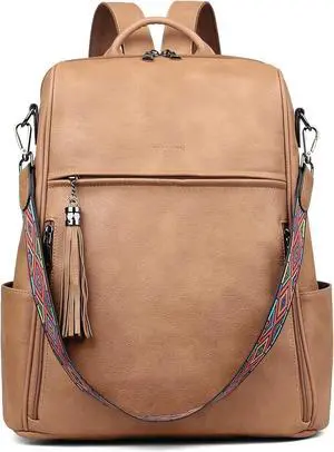 FADEON Leather Laptop Backpack for Women Designer 15.6 inch PU Laptop Bag, Ladies Travel Computer Work Backpack Camel Brown