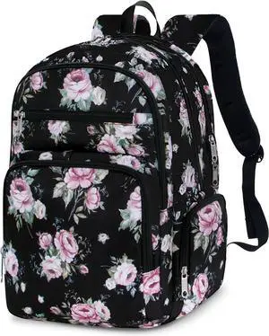 Large Backpack for Women Backpack with Lots of Pockets for Travel Work School Bookbag with Laptop Compartment for High School College Girls Mochilas Morrales para Mujer (Black/Pink, Floral)
