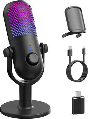 USB Microphone for PC Gaming: Condenser Microphone RGB for Gamer with Stand Mic - Recording Mic for Computer&Laptop with Qiuck Mute - Desk Podcast Mic for Podcast & Singing & Streaming & Youtube Black