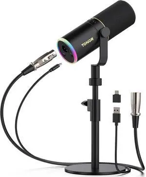TONOR XLR/USB Gaming Mic, Dynamic Microphone for Podcast Recording Streaming with RGB Light, Mute Button, Headphones Jack, Monitoring, Desktop Stand, Metal Vocal Mic for PC Mac Android PS4/5 TD520S