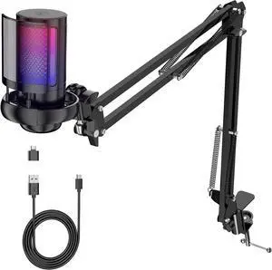 Gaming USB Microphone for PCPodcast Microphone Kit for Streaming, Condenser Mic with Quick Mute, Boom Arm, Pop Filterm, RGB Indicator, Shock Mount, Rotate gain Button, Compatible with PS4/5/PC