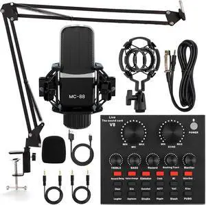 Podcast Equipment Bundle, V8 Audio Interface with Cardioid Designer BM800 Mic, Studio Condenser Microphone Perfect for Podcasting, Recording, Singing, Streaming and Gaming