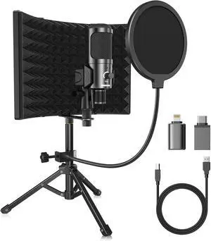 Studio Recording Microphone Isolation Shield with Pop Filter and Metal Tripod Stand USB Condenser Mic to PC Laptop Smartphone, Mic for Recording Singing Podcasting