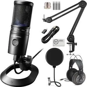 Audio-Technica AT2020USB-X Cardioid Condenser USB Microphone Bundled with Microphone Arm + Headphones + Wind Screen Pop Filter + Cleaning Cloth (5 Items)
