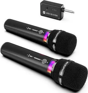Wireless Microphone, Rechargeable Wireless Microphones with One-to-One Chip Connection and LED Lights, 40H Duration, 200FT Range Receiving, Less Latency Karaoke Microphone for Singing, Speech, Party