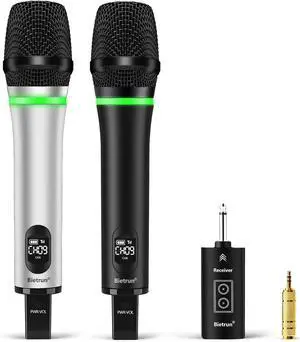 Bietrun Rechargeable Wireless Microphone,Dual Metal Cordless Handheld Dynamic Wireless Mics with Bluetooth, UHF 240FT Range for 1/4'',1/8''Output,PA System,Dj,Mixer,Church(WhiteBlack)
