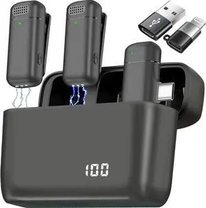 2 Pcs 3 in 1 Wireless Lavalier Microphones for iPhone iPad USB C Android Laptop with Charging Case, Clip on Lapel Mic Plug-Play Cordless Mini Mic for Video Recording Vlogging, YouTube, Interview