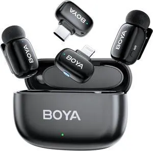 BOYA Mini Wireless Lavalier Microphone for iPhone 16/15 Series iPad iOS Android Phone,30H Battery, AI Voice Change, USB Type-C&Lightning Port Ultra-Compact Lapel Mics for Vlog Tiktok Youtube Streaming