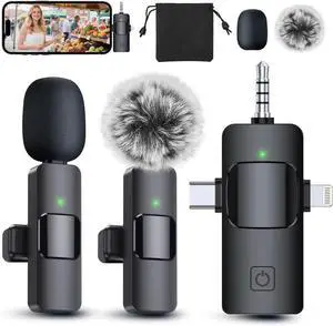 PQRQP 3 in 1 Professional Wireless Lavalier Microphone for iPhone, Android, Camera, Wireless Mini Microphones, Crystal Clear Sound Quality for Recording, Live Streaming, YouTube, TikTok, Elegant Black