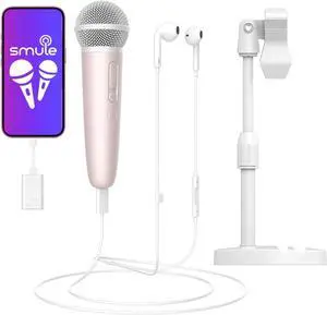 Singing Microphone with Earphone & Stand, Ideal for Vocal Recording, Podcasting, Live Streaming, Gaming, Compatible with Smule & Starmaker & Stingray, USB-C Dongle & Lightning Adapter, Pink