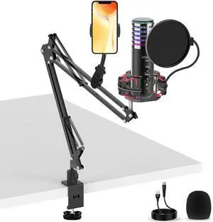 USB Condenser Microphone for PC PS4, PS5 Streaming Singing Podcast Studio, Computer Cardioid Gaming Mic Kit for Recording YouTube with Boom Arm Stand Pop Filter, Mute Button, Volume, Echo