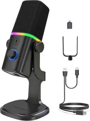XLR/USB Dynamic Microphone for Gaming Podcast,Mic for iPhone Phone PC Computer Gaming Streaming Microphone with RGB Light,Mute Button,Mic Gain,Headphones Jack,Desktop Stand,Singing YouTube