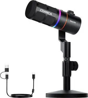 COMICA EJoy D10(D) USB Gaming Microphone  RGB Dynamic Mic with Noise Cancellation, XLR/USB-C, Real-Time Monitoring, Muting, Professional Studio Mic for Gaming, Streaming, Podcast, Recording (Black)