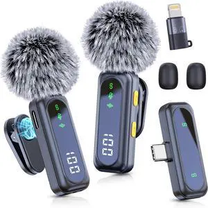 Wireless Mini Microphone for iPhone 15 16, iPad, Android, 2 Pack LED Display Lavalier Microphones with Noise Reduction, Lapel Microphone Mini Mics for Video, Vlog, Tiktok, YouTube