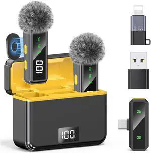 Mini Lavalier Microphone for iPhone/Android/PC, Lav Mic with 45H Battery, Noise Cancellation, 48KHz 16-Bit, Wireless Mic for Video Recording, Tiktok, YouTube, Vlog (USB-C + Charging Box (Black))