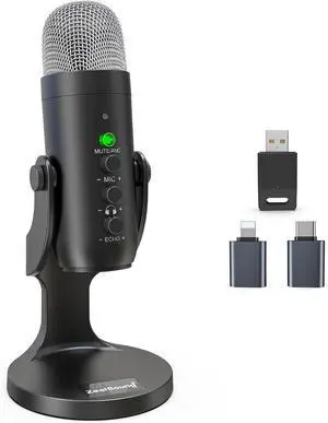 ZealSound Wireless Microphone,USB Mic for iPhone PC iPad Android Phone-Cordless Condenser Desktop Microphones with Mute Echo Monitor Volume Gain 2.4GHz for Podcast,ASMR,Gaming,YouTube Video/K66 Black