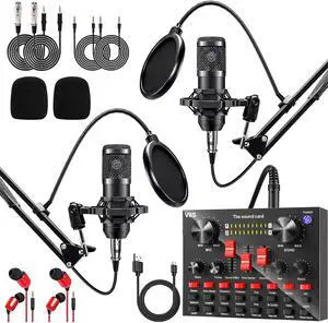 Podcast Equipment Bundle for 2, V8K Audio Interface with Cardioid Designer BM800 Mic, Studio Condenser Microphone Perfect for Podcasting, Recording, Singing, Streaming and Gaming