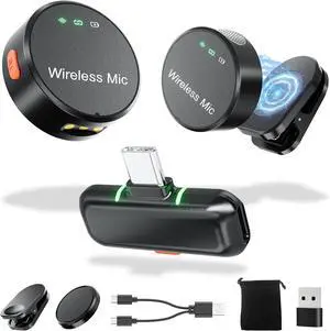 Wireless Lavalier Microphone for iPhone 15/16 & Android & PC, Magnetic Clip-On Lapel Mic with 2.4G Noise Canceling, Plug-Play Mini Microphone for Video Recording, Interviews, TikTok, YouTube
