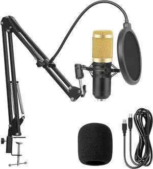 Professional Condenser Microphone Kit, with Boom Arm Stand Pop Filter Shock Mount Mute USB Microphone for Podcast Recording Video Gaming Singing Streaming YouTube