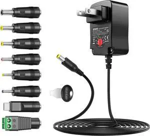 ZOZO Universal AC/DC Adapter 12W 3V 4.5V 5V 6V 7.5V 9V 12V Switching Power Supply Charger with 8 Tips 5.5x2.1mm 5.5x2.5mm Micro USB for Routers Speakers CCTV Cameras LED Strip Lights