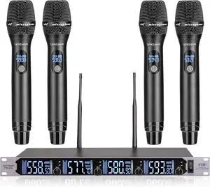LyricLoom Professional 4 Channel Wireless Microphone System, Metal Handheld Dynamic UHF Wireless Mics Set 4 Pack, Vocal Cordless Microphnes for Singing and Dj,Karaoke,Speaker,chrush,Long Range 300ft