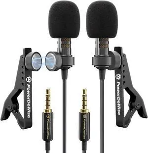 PowerDeWise Professional Grade 2 Lavalier Clip-On Microphones Set for Dual Interview - Double Lav Lapel Microphone - Use for iPhone Phone Camera - Blogging Video Recording Noise Cancelling 3.5mm Mic