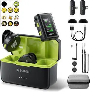 Donner Wireless Lavalier Microphone VPM-20 Mobile Vesion for USB-C iPhone iPad Android, with Charging Box, Dual-Channels Mics, Plug-Play, 1000ft Range, 48KHz 24Bit, Noise Cancellation, 40h Use Max