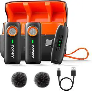 hohem MIC-01 Wireless Lavalier Microphone, Noise Cancellation,48kHz 328ft Range, 20 Hours Battery, Wireless Microphone for Android, PC, Camera, Video Recording (2TX + 1RX + Charging Case)