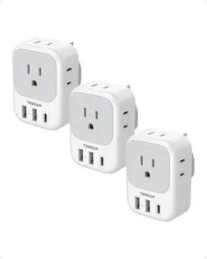 US to UK Plug Adapter 3 Pack, TESSAN Type G Adapter for Travel with 4 Outlets 3 USB Charger(1 USB C), Ireland Power Adaptor for USA to England London Scotland Dubai Singapore Hong Kong Qatar